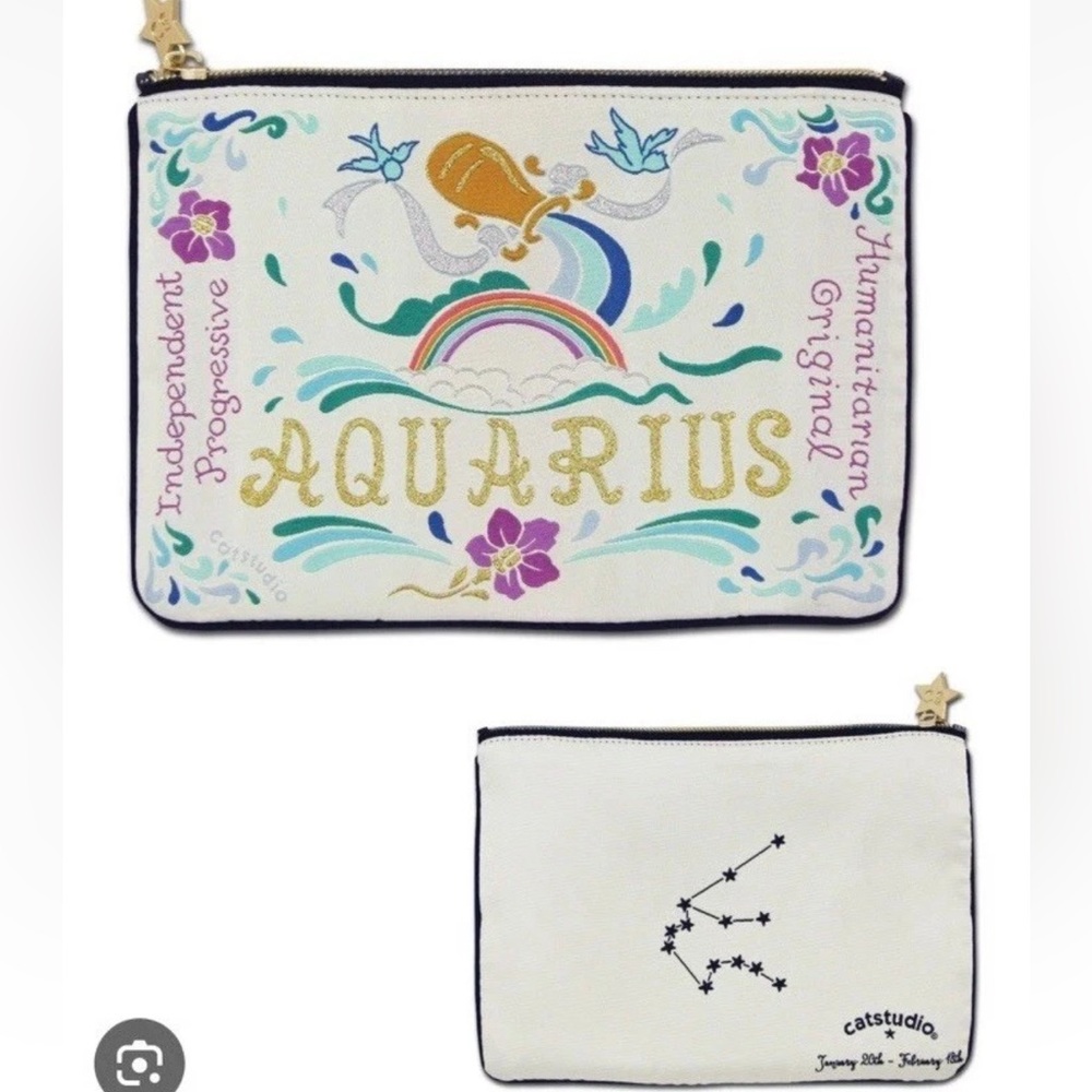 Aquarius Zodiac Pouch - White with Multicolor Embroidered Astrology Design Gift - Picture 4 of 4
